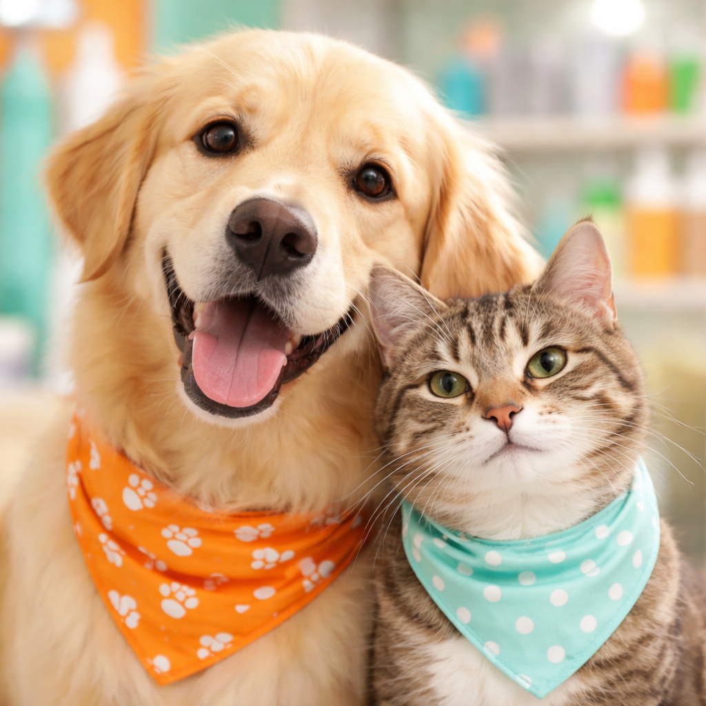 Cachorro e gato com bandanas posando para foto no pet shop